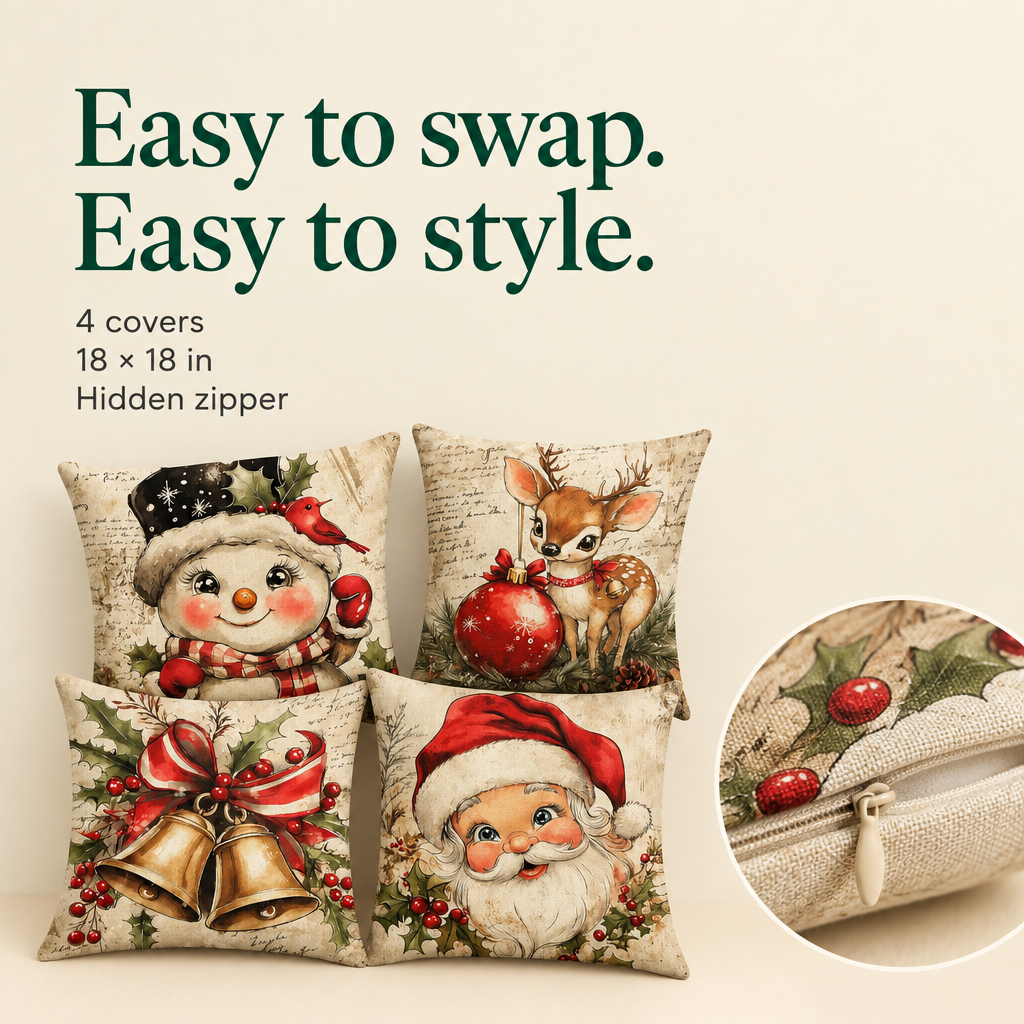Vintage Snowman Christmas Pillow Covers – 4 Pack, 18 × 18 — details