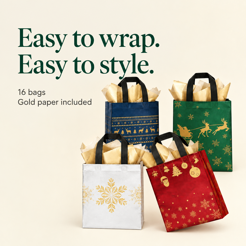 Christmas Fabric Gift Bags with Gold Paper – 16 Pack — details