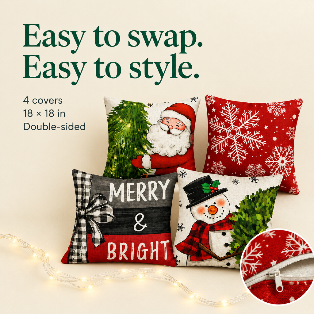Double-Sided Christmas Pillow Covers – 4 Pack, 18 × 18 — details