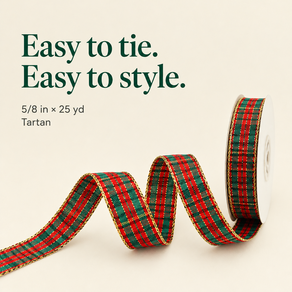 Red, Green & Gold Tartan Ribbon – 5/8 Inch, 25 Yards — details