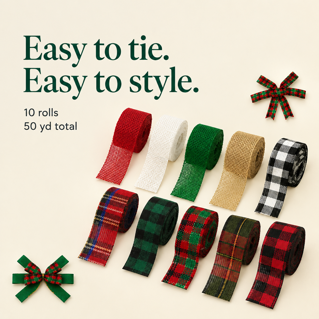 Christmas Burlap Ribbon Assortment – 10 Rolls, 50 Yards — details
