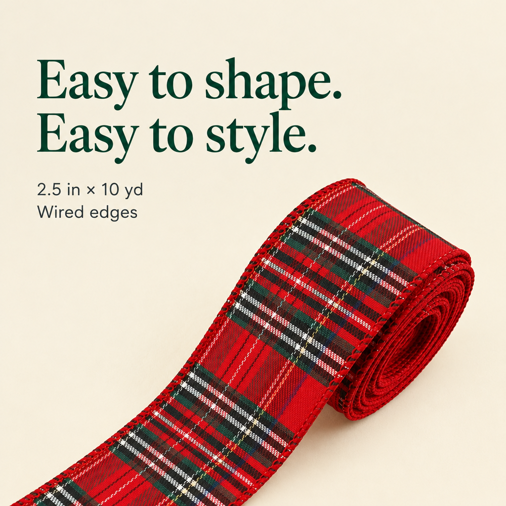 Red Tartan Plaid Wired Christmas Ribbon – 2.5 Inch, 10 Yards — details