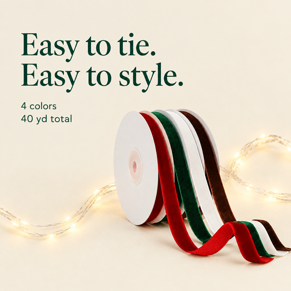 Christmas Velvet Ribbon Set – 4 Colors, 40 Yards — details