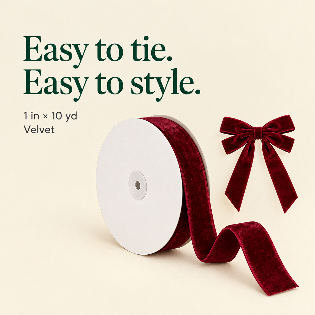 Burgundy Velvet Christmas Ribbon – 1 Inch, 10 Yards — details