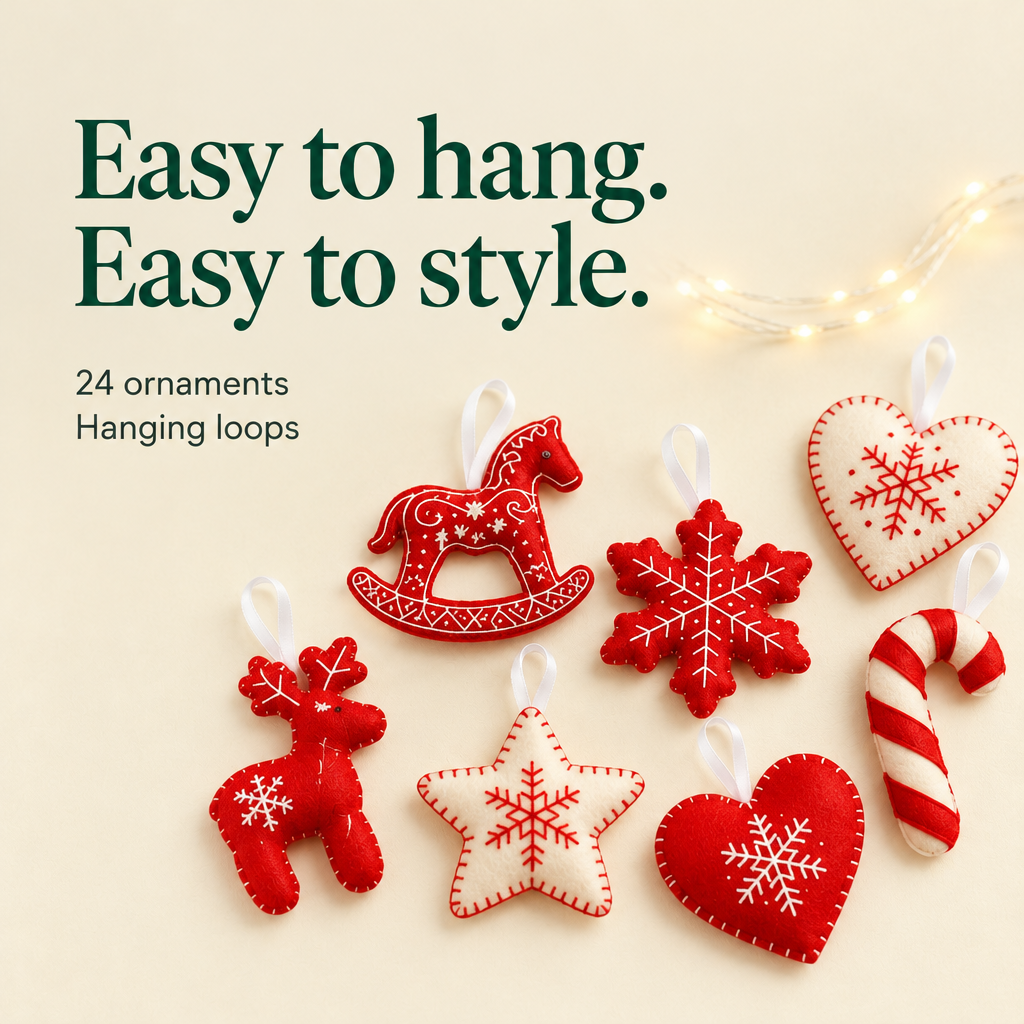 Red & White Nordic Felt Christmas Ornaments – 24 Pack — details