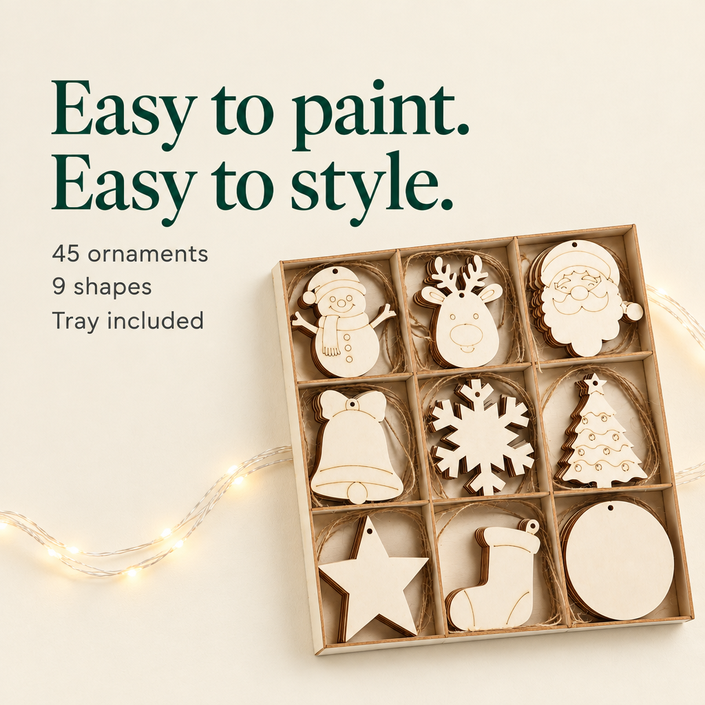 Wooden Christmas Ornament Craft Set with Tray – 45 Pack — details