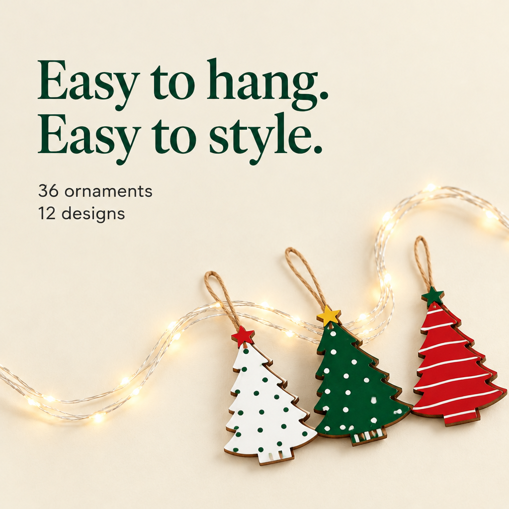 Red, Green & White Wooden Tree Ornaments – 36 Pack — details