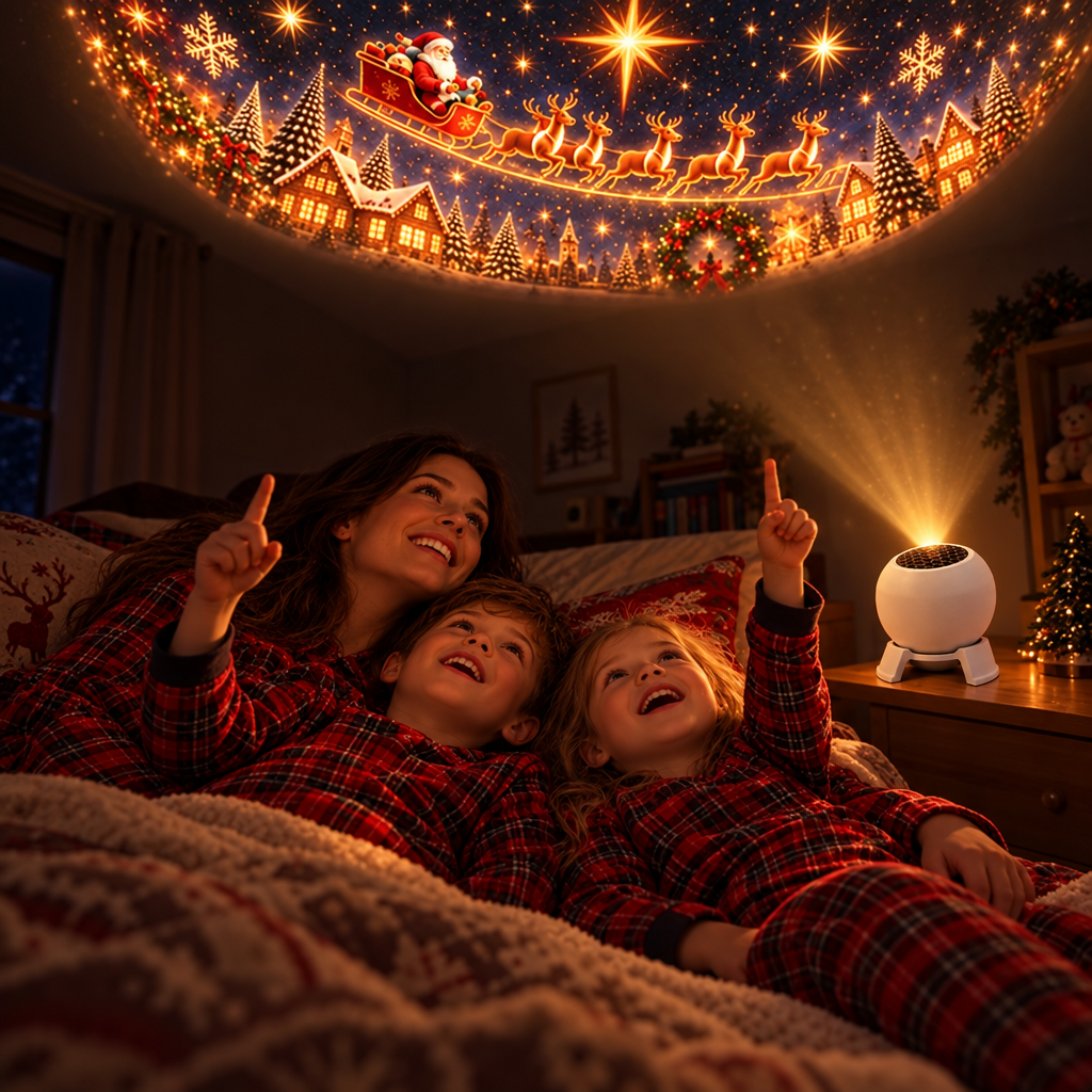 Family in Christmas pajamas looking at the projected scene on the ceiling