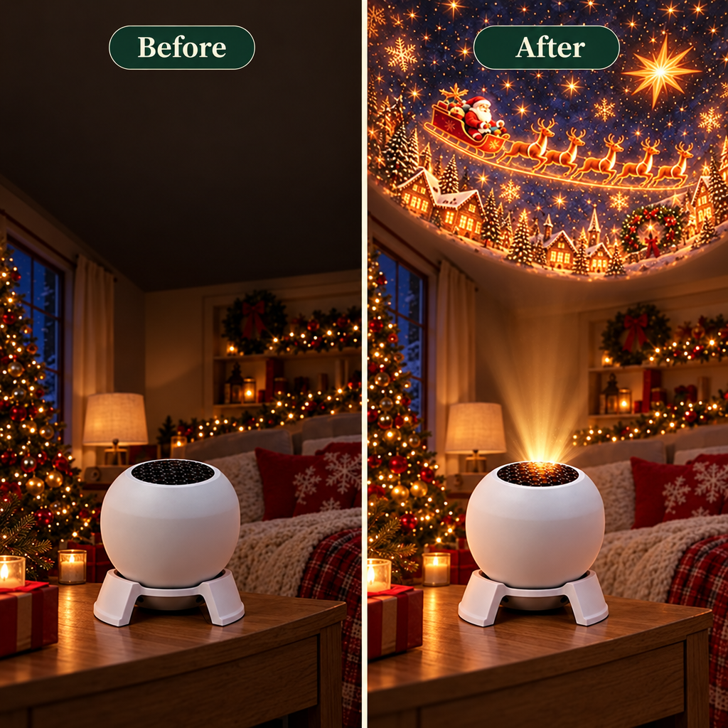 Before and after: bedroom ceiling with the Christmas projector light switched on