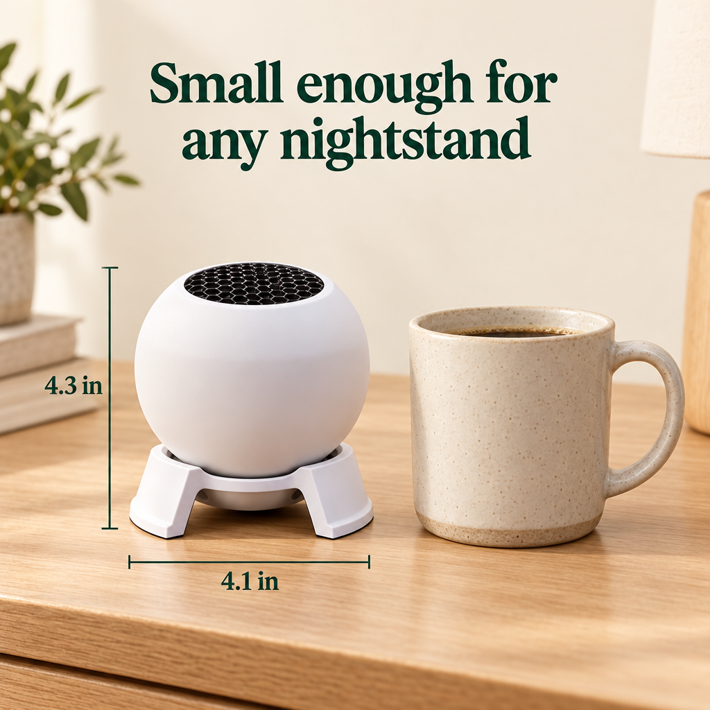 Projector size: 4.3 in tall and 4.1 in wide next to a coffee mug
