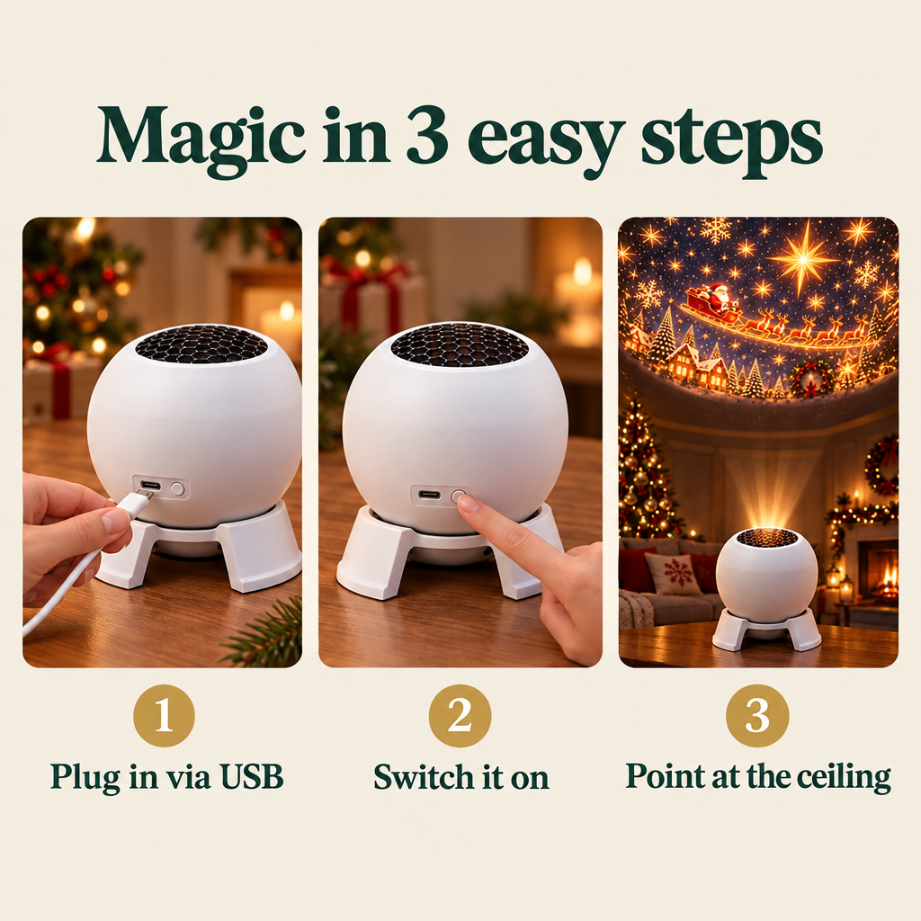 How to use: plug in via USB, switch it on, point at the ceiling