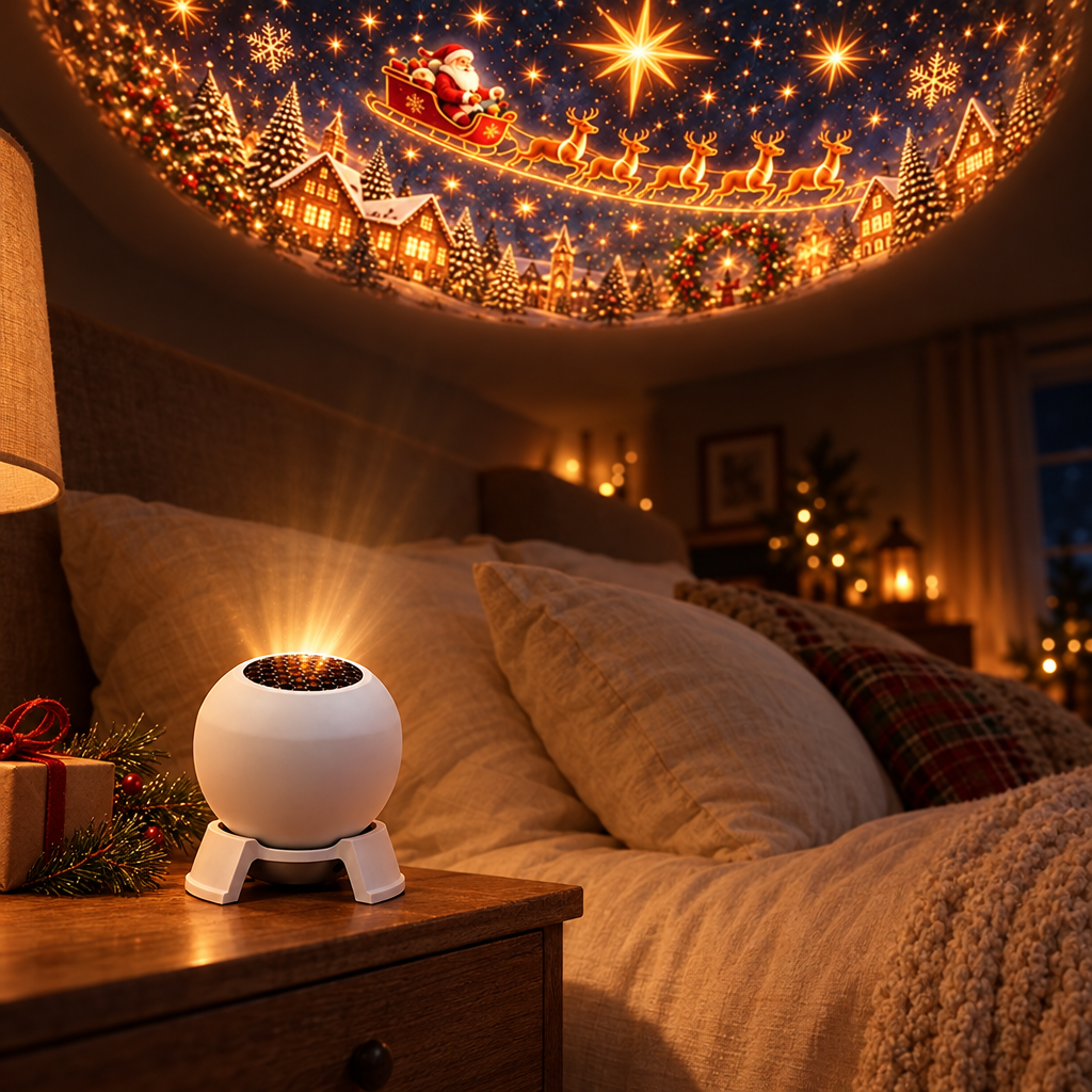 Christmas projector light on a nightstand projecting a holiday scene on the bedroom ceiling