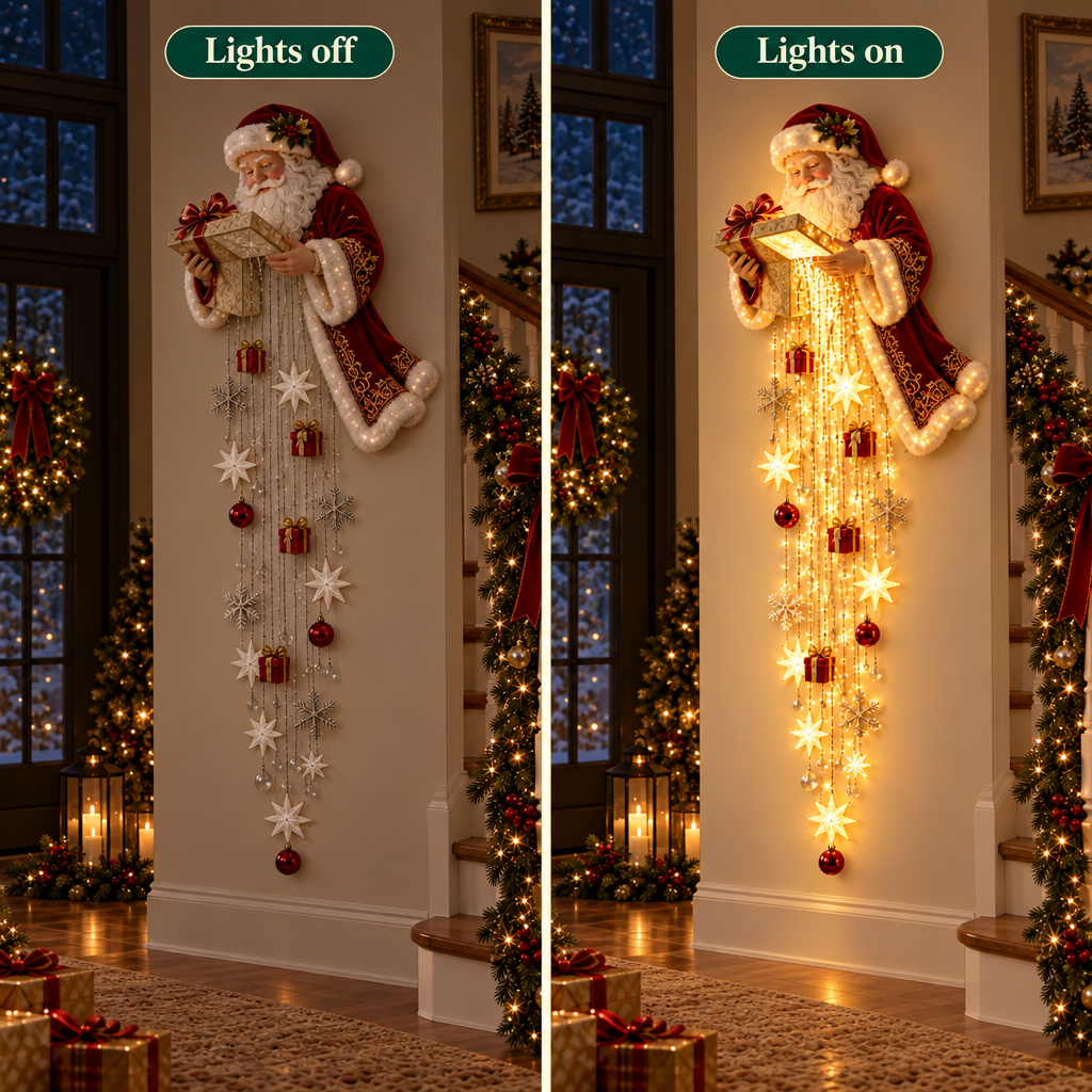 Santa cascade wall decor with lights off and lights on