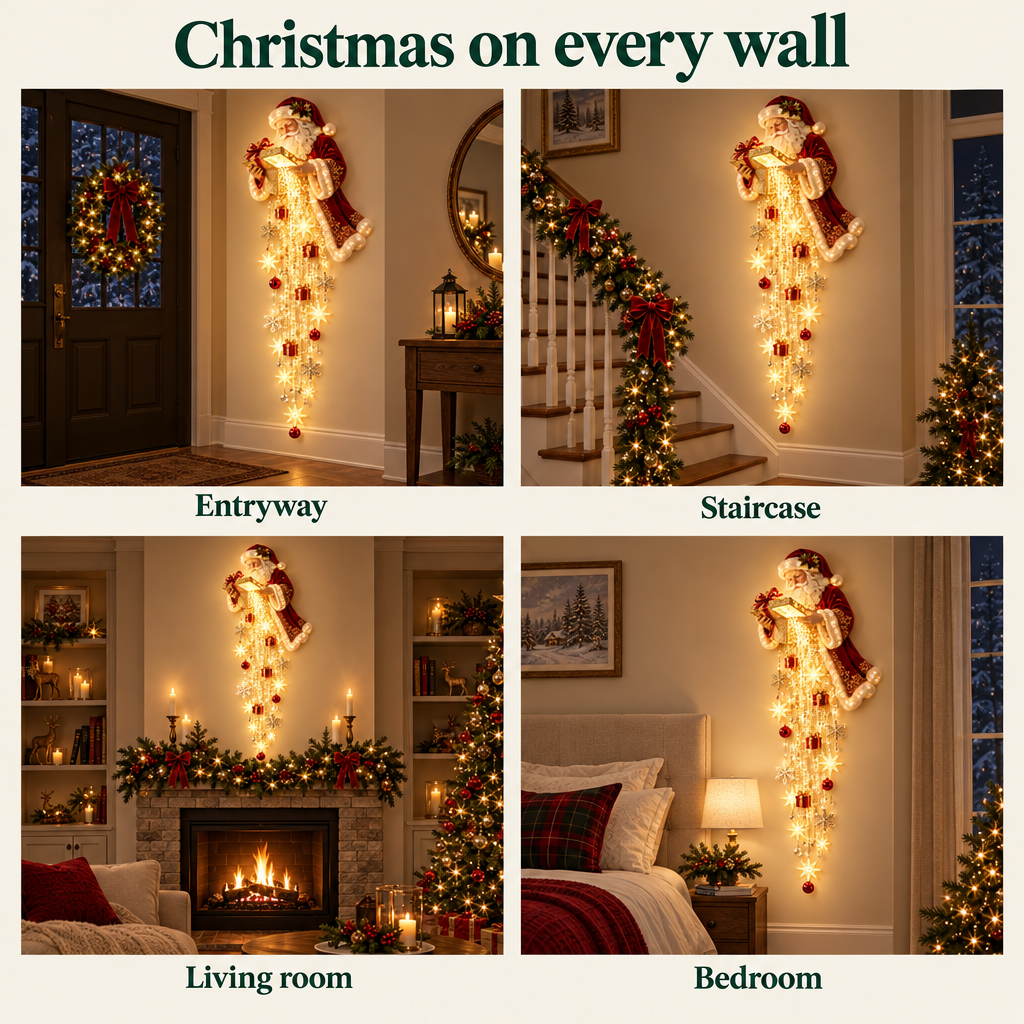 Santa cascade in the entryway, staircase, living room and bedroom