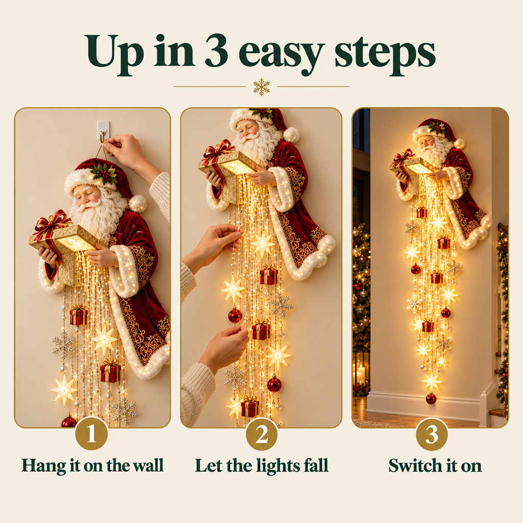 Up in 3 easy steps: hang it, let the lights fall, switch it on