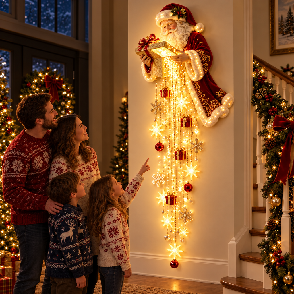 Family admiring the glowing Santa cascade in their entryway