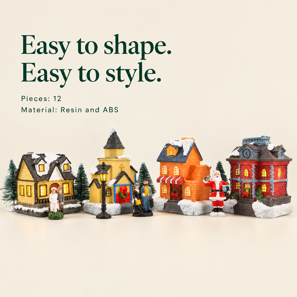 Lighted Christmas Village Set with Figurines – 12 Pieces — details