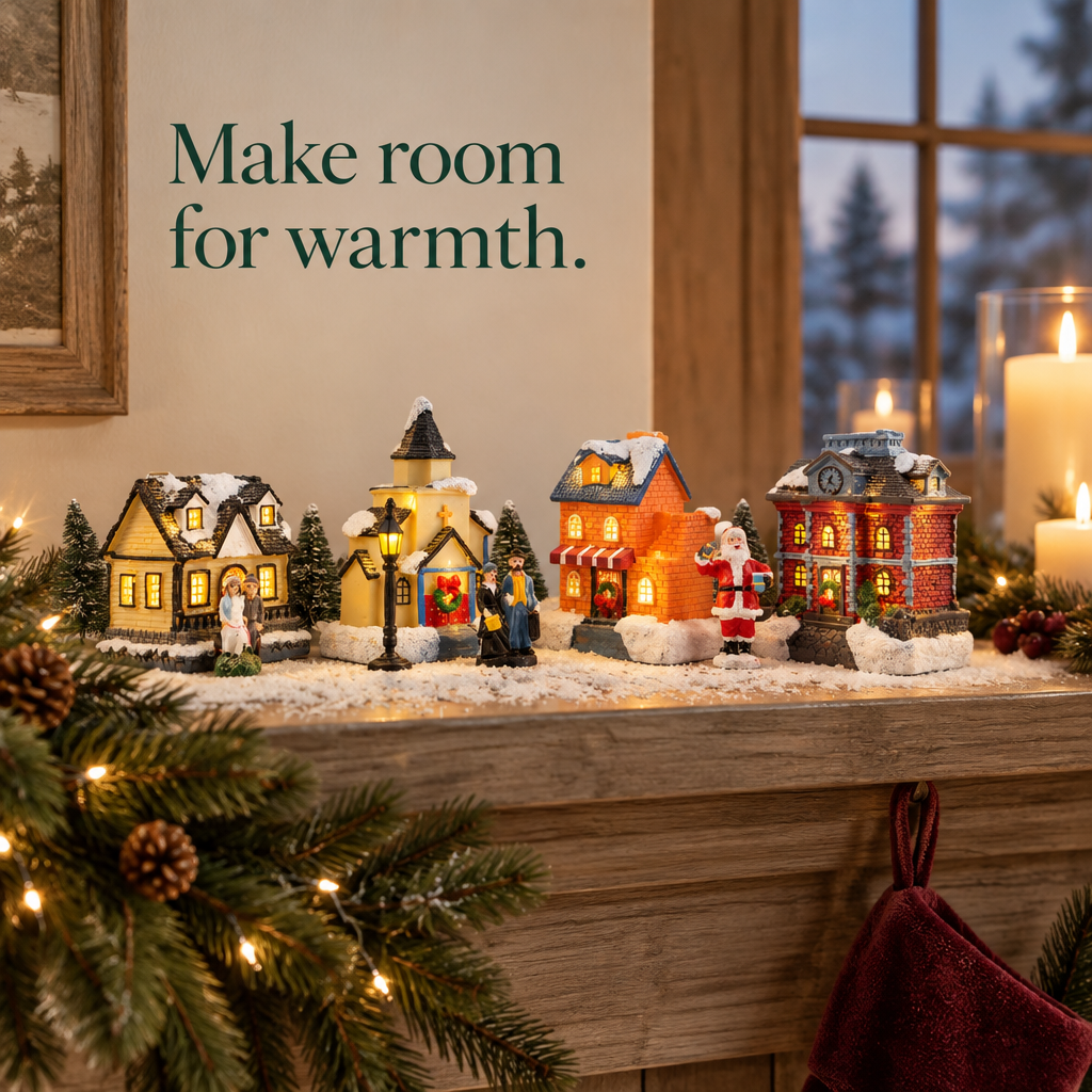 Lighted Christmas Village Set with Figurines – 12 Pieces — in use