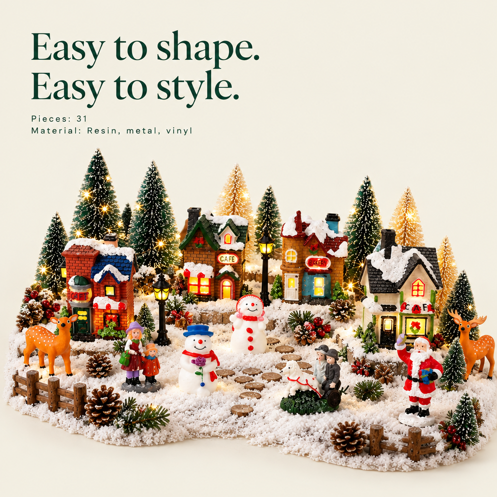 Lighted Christmas Village Set with Snow Blanket – 31 Pieces — details