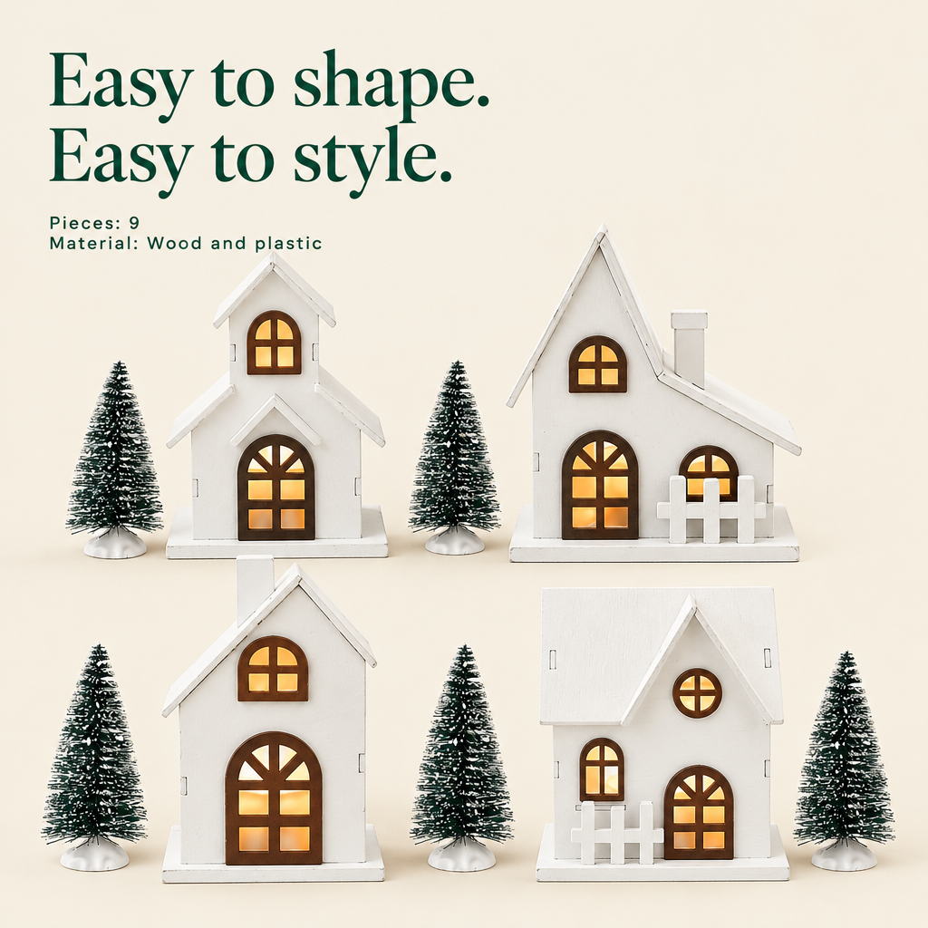 White Wooden Village Houses with Frosted Trees – 9 Pieces — details