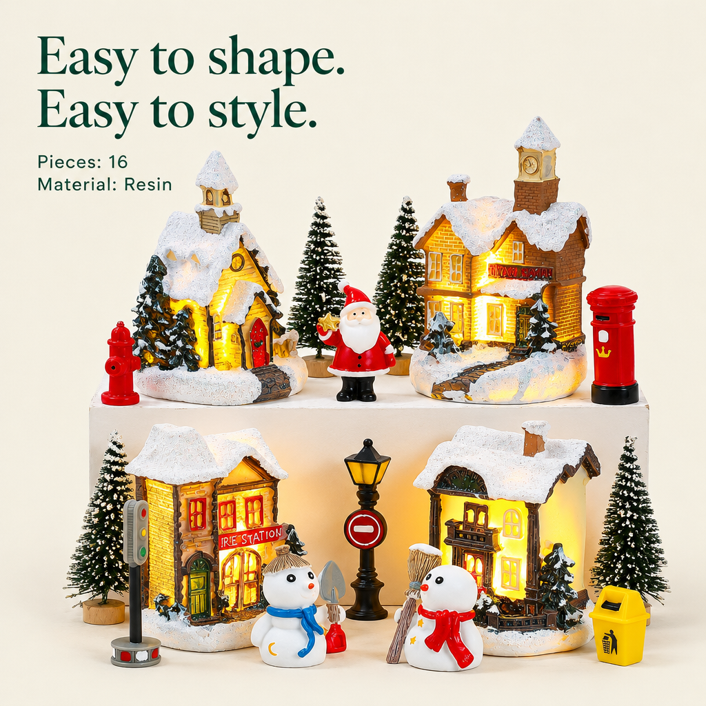 Christmas Village Set with 4 LED Houses – 16 Pieces — details