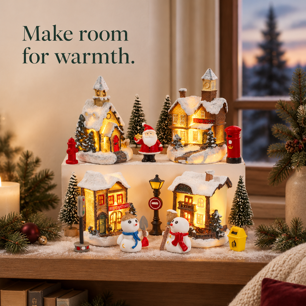 Christmas Village Set with 4 LED Houses – 16 Pieces — in use