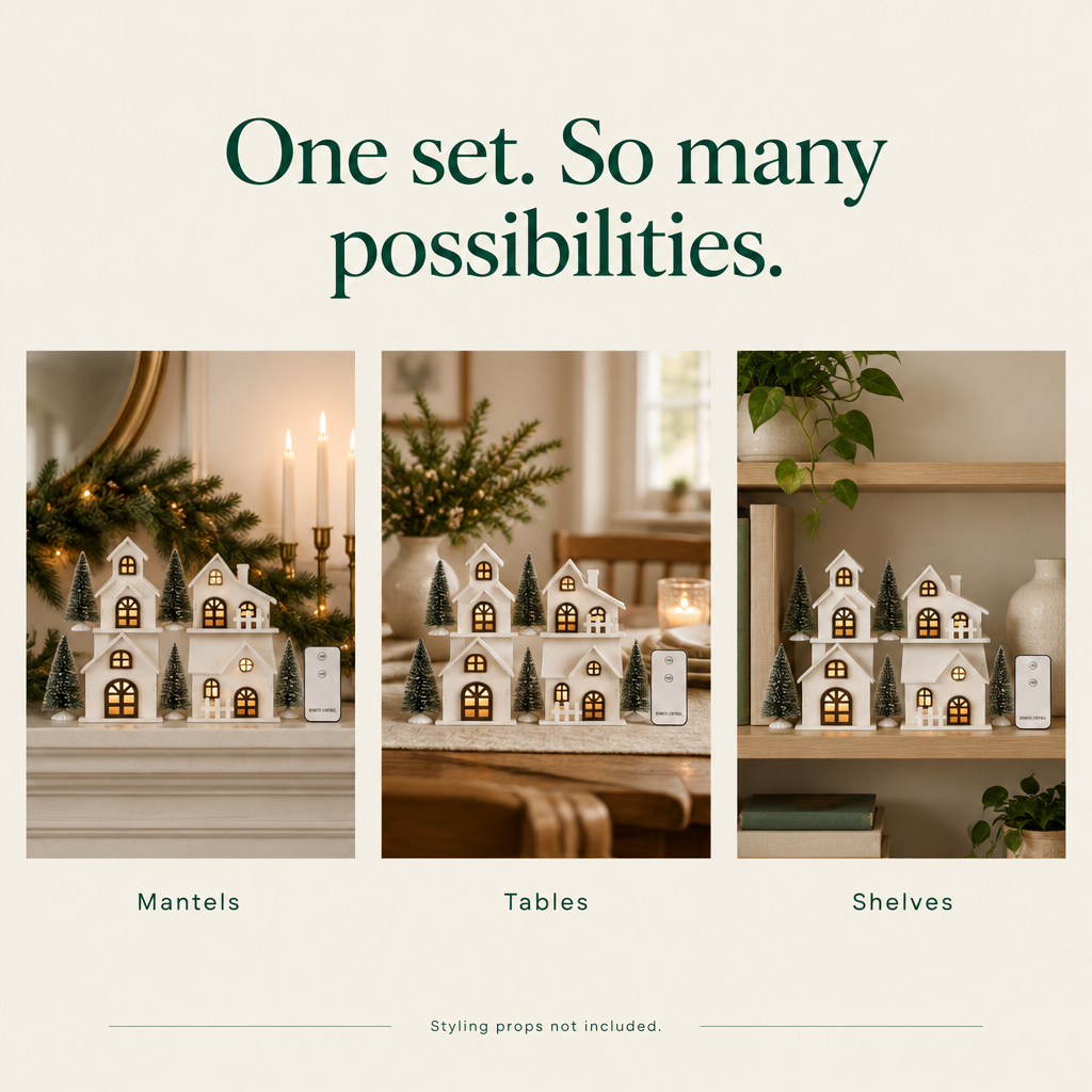 White Wooden Village Houses with Frosted Trees – 9 Pieces — possibilities