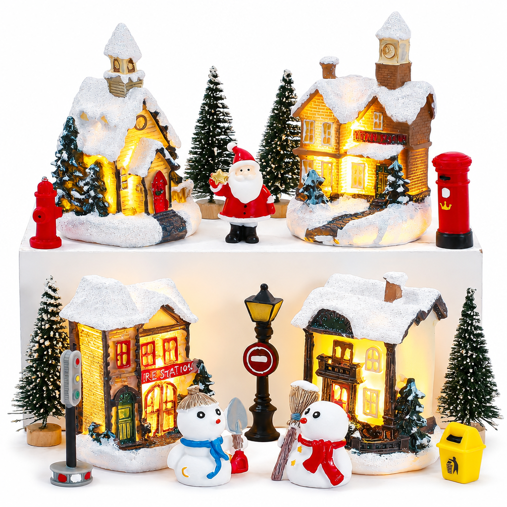 Christmas Village Set with 4 LED Houses – 16 Pieces — product