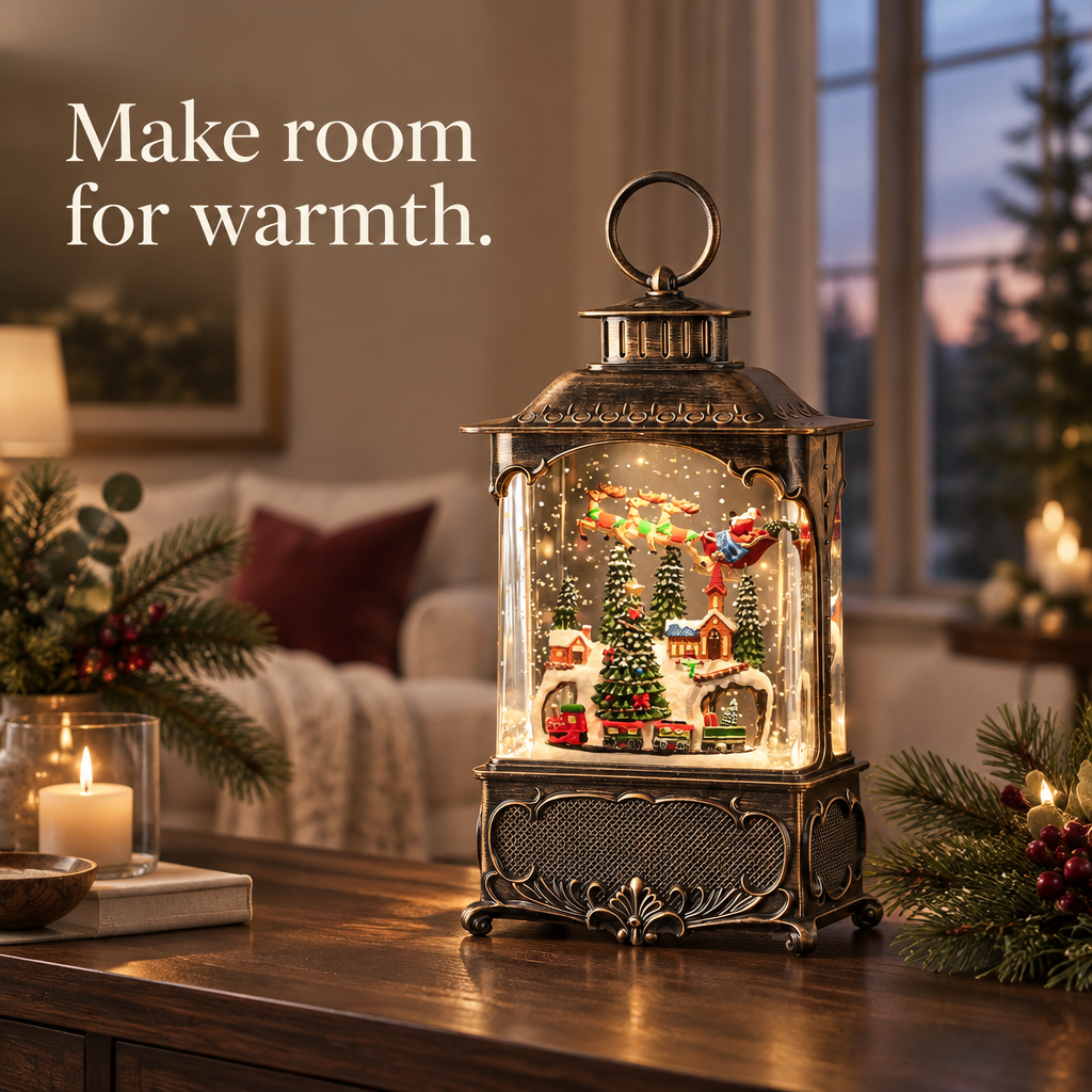 Musical Snow Globe Lantern – Santa's Village — in use