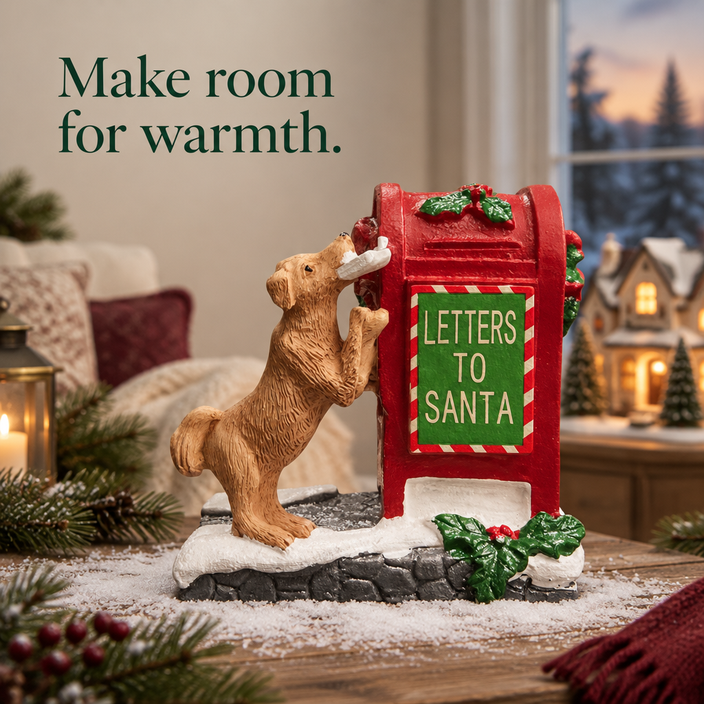Puppy & Letters to Santa Mailbox – Village Figurine — in use
