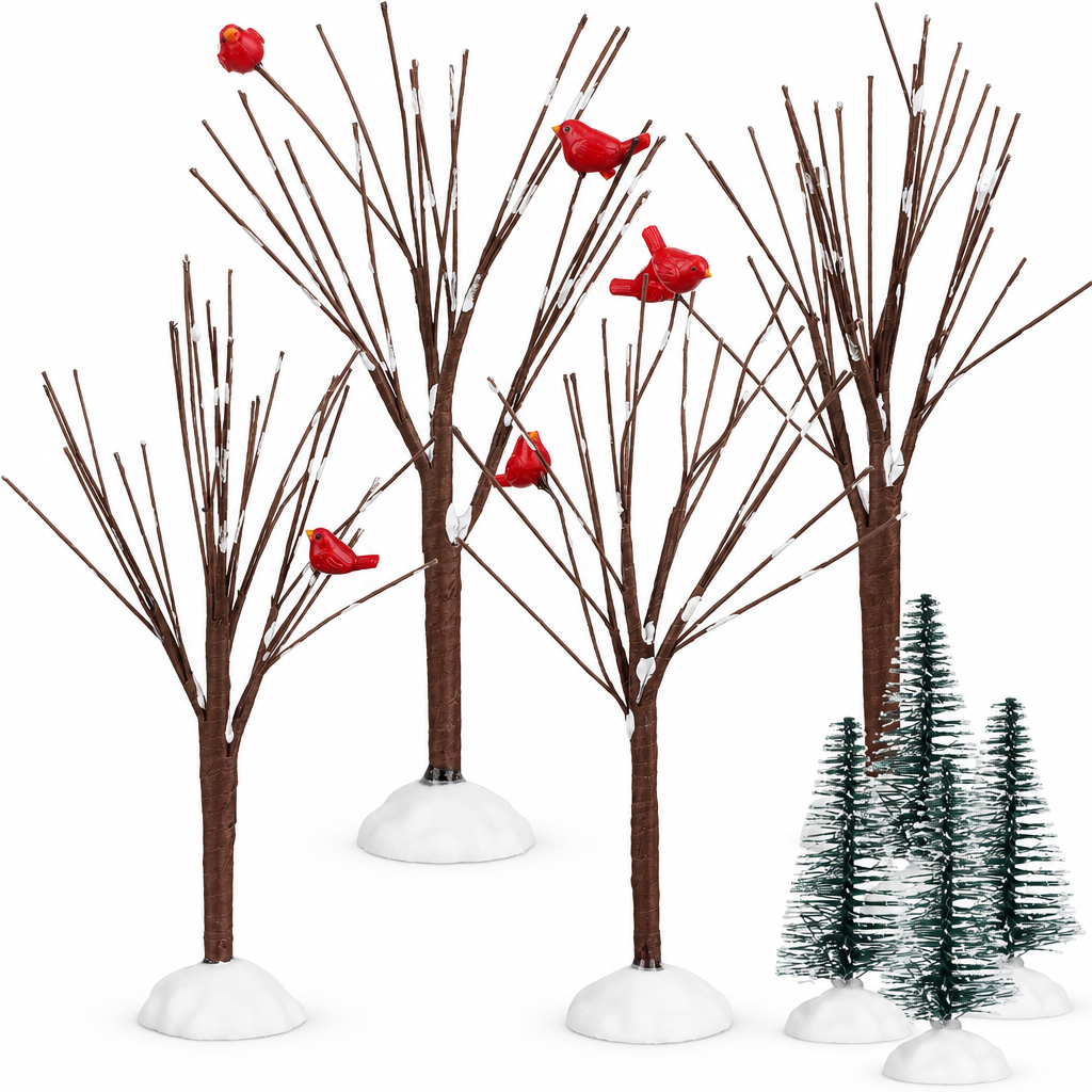 Snowy Bare Branch Village Trees with Birds – 8 Pack — product