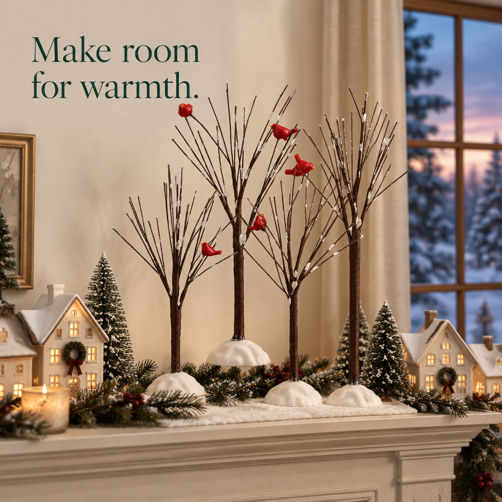 Snowy Bare Branch Village Trees with Birds – 8 Pack — in use