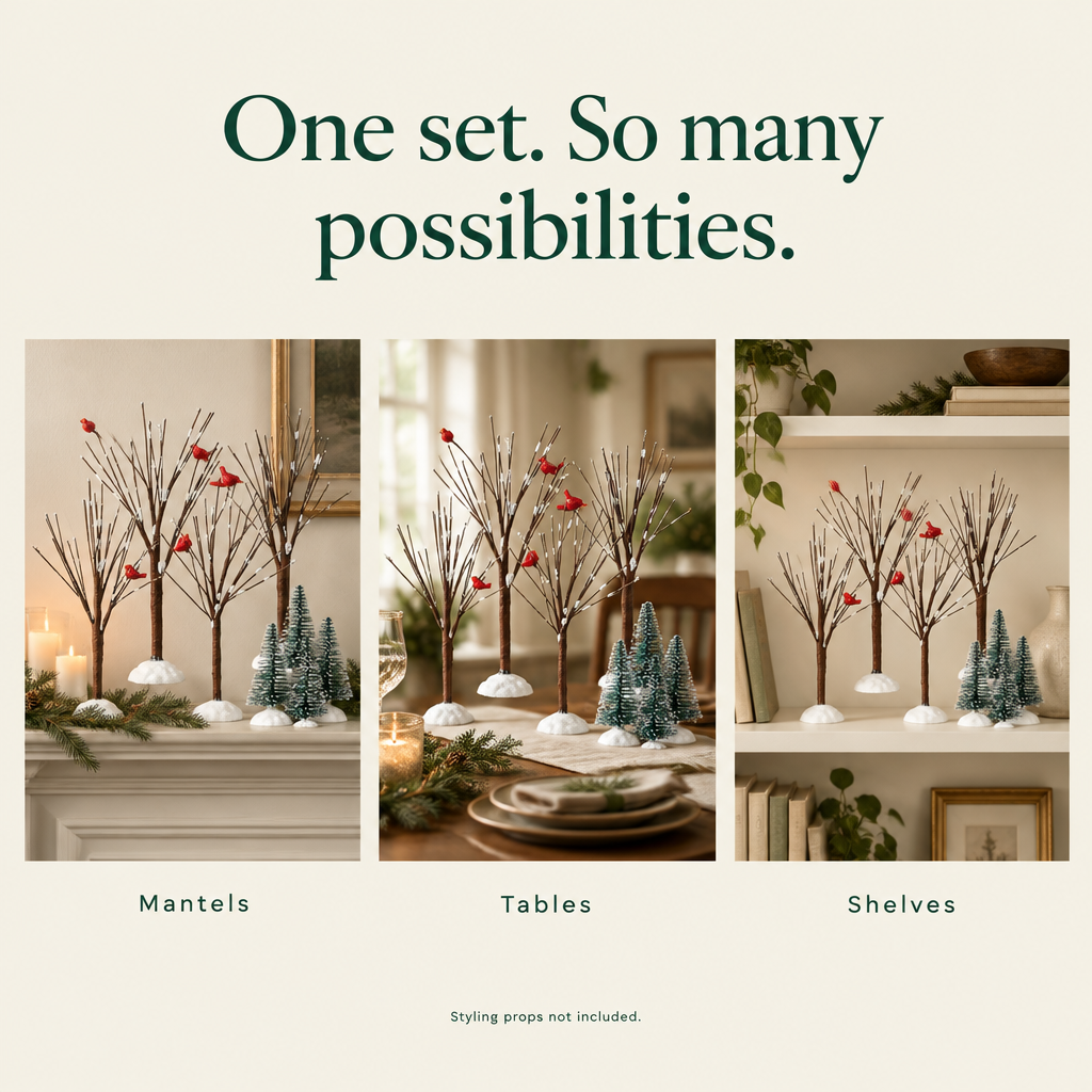Snowy Bare Branch Village Trees with Birds – 8 Pack — possibilities