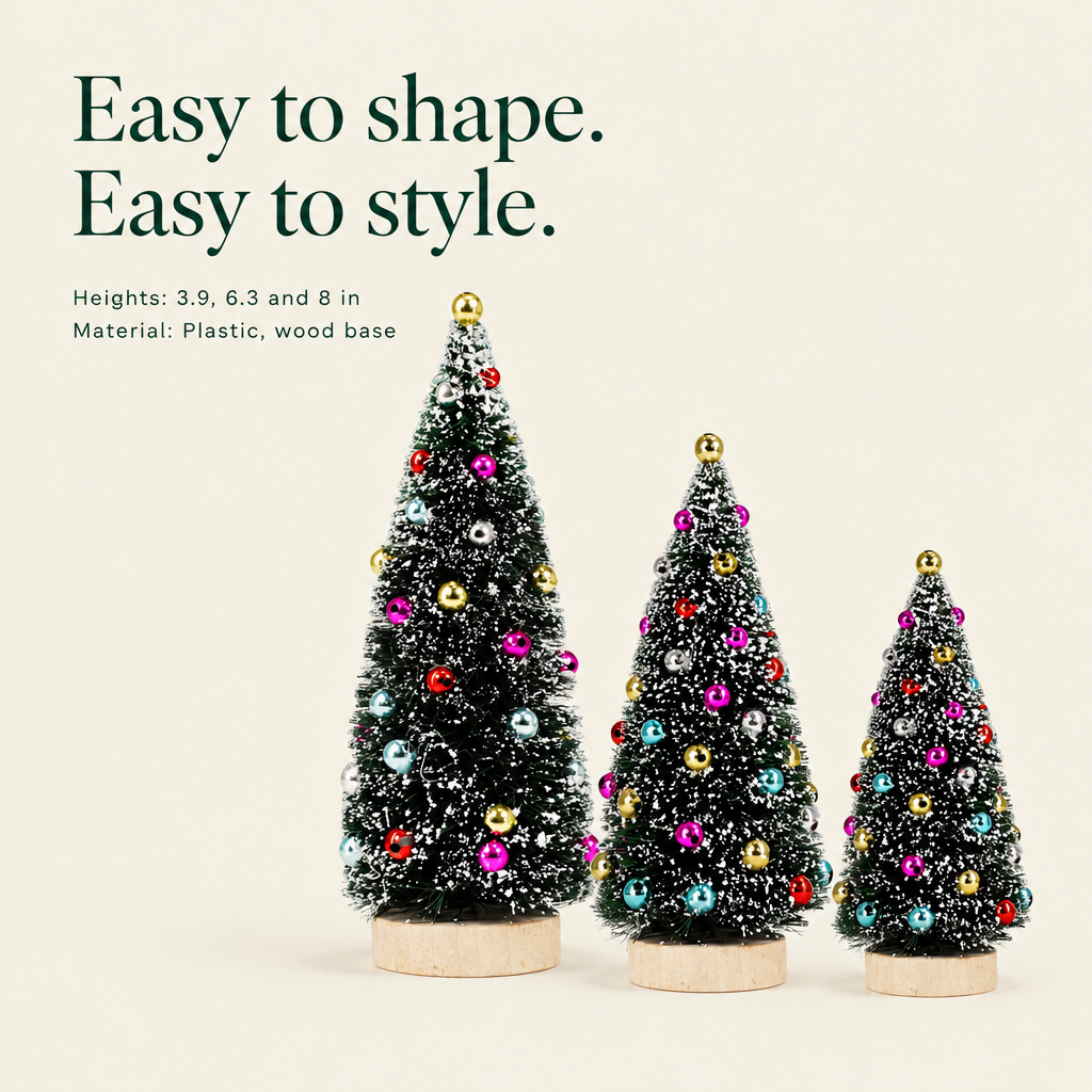 Decorated Frosted Bottle Brush Trees – 3 Pack — details