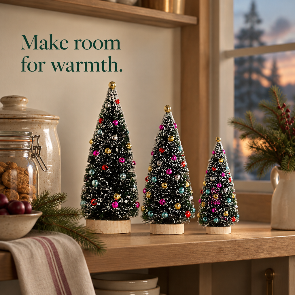 Decorated Frosted Bottle Brush Trees – 3 Pack — in use