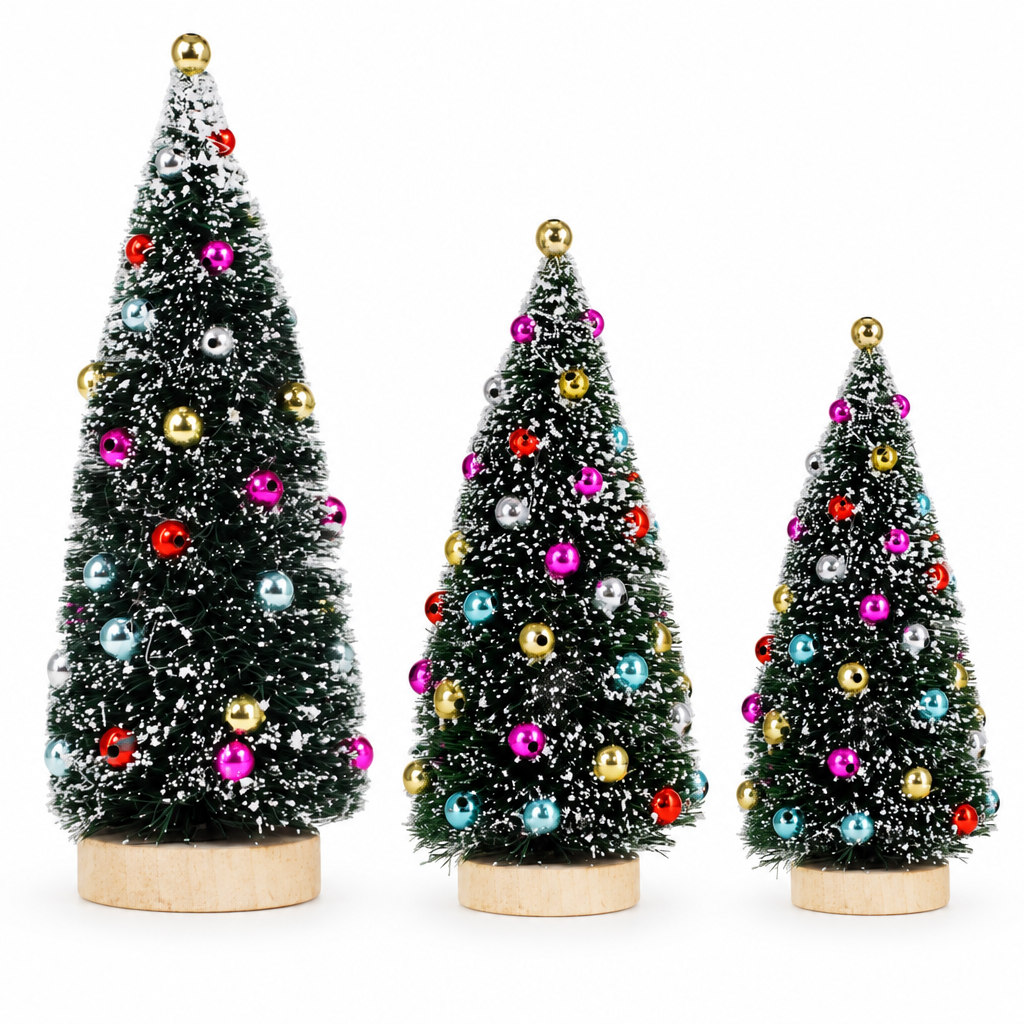 Decorated Frosted Bottle Brush Trees – 3 Pack — product
