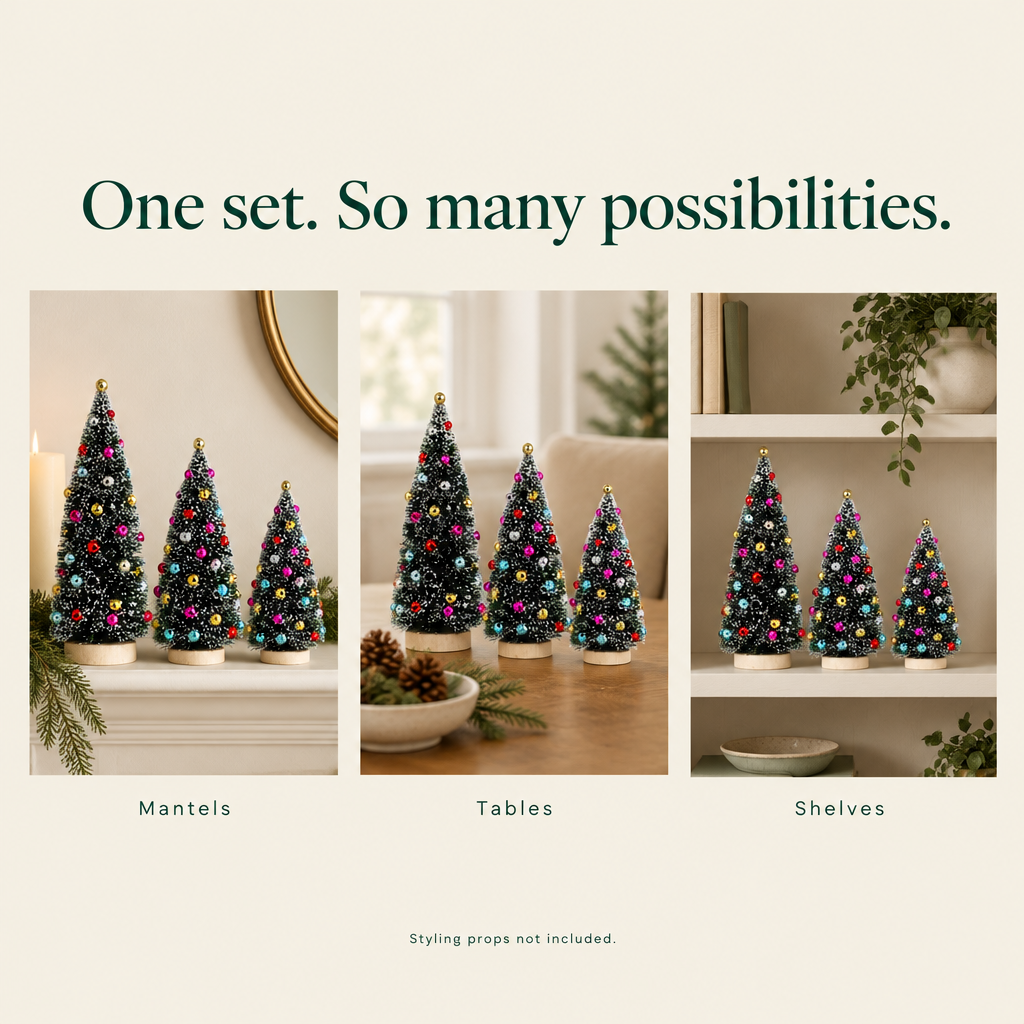 Decorated Frosted Bottle Brush Trees – 3 Pack — possibilities