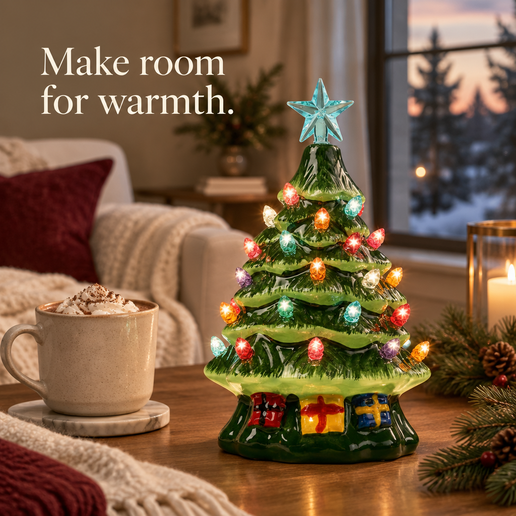 Mini Ceramic Christmas Tree with Lights – 7 in — in use