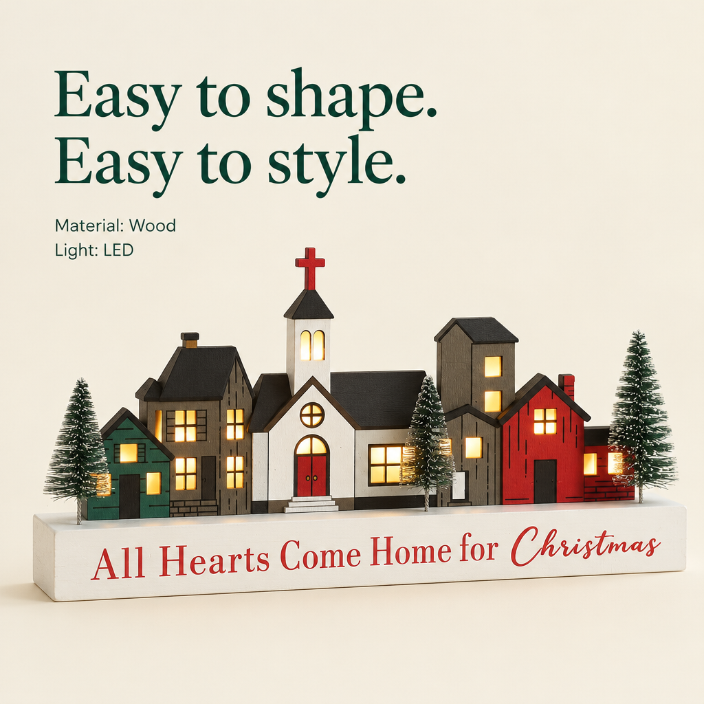 Lighted Wooden Village Merry Christmas Sign — details
