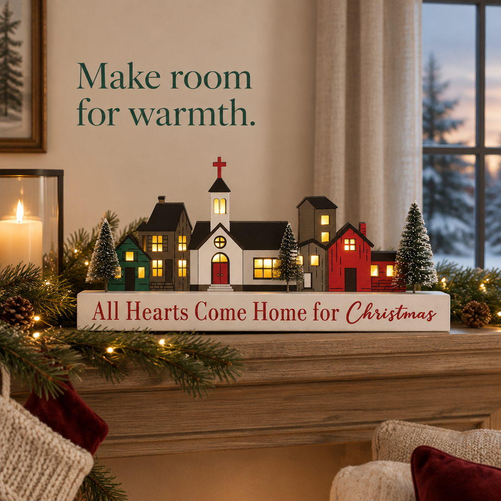 Lighted Wooden Village Merry Christmas Sign — in use