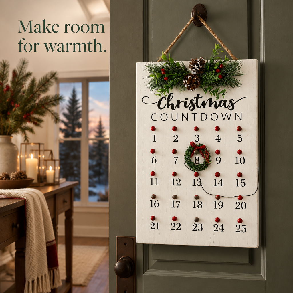Red & White Wreath Advent Countdown Sign – 25 Days — in use
