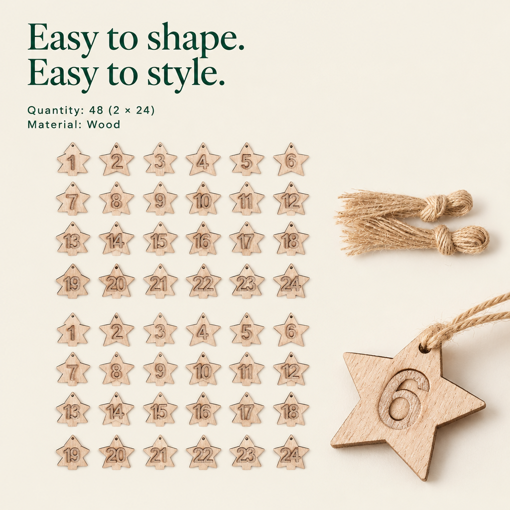 Wooden Advent Number Tags – 48 Pieces — details
