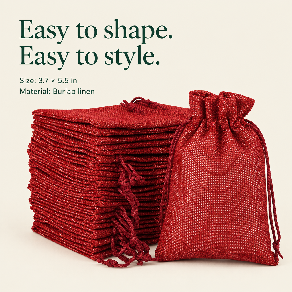 Red Burlap Drawstring Bags – 24 Pack — details