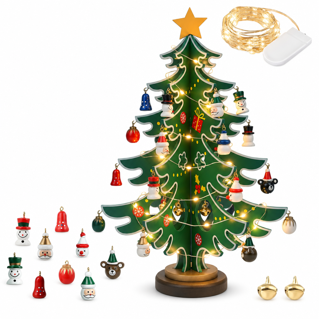Light-Up Wooden Tree Advent Calendar with Mini Ornaments — product