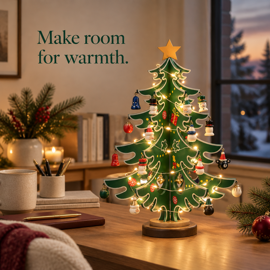 Light-Up Wooden Tree Advent Calendar with Mini Ornaments — in use