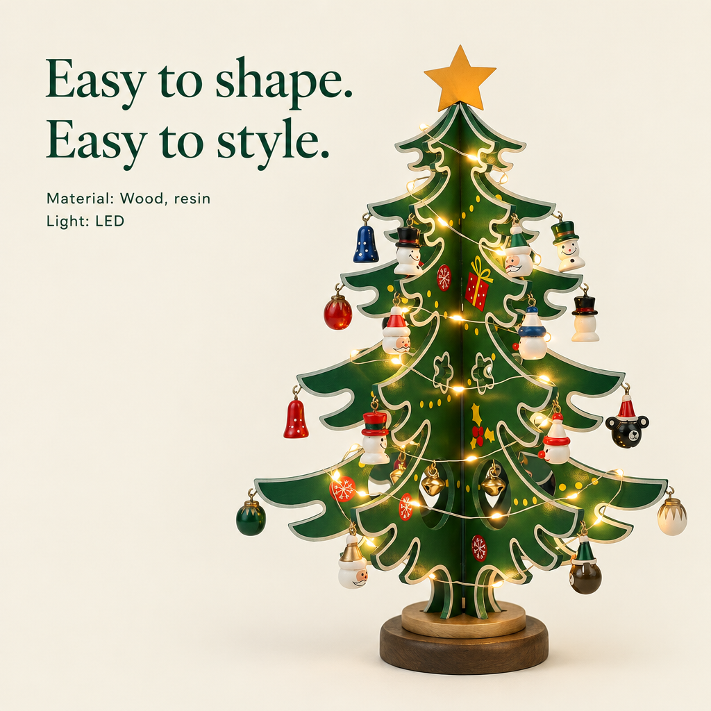 Light-Up Wooden Tree Advent Calendar with Mini Ornaments — details