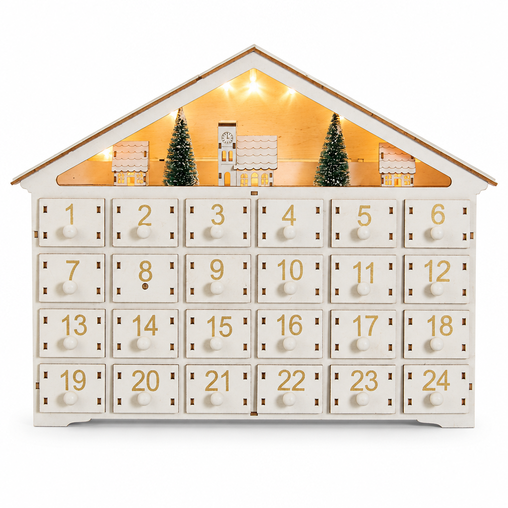 Lighted White Wooden House Advent Calendar – 24 Drawers — product