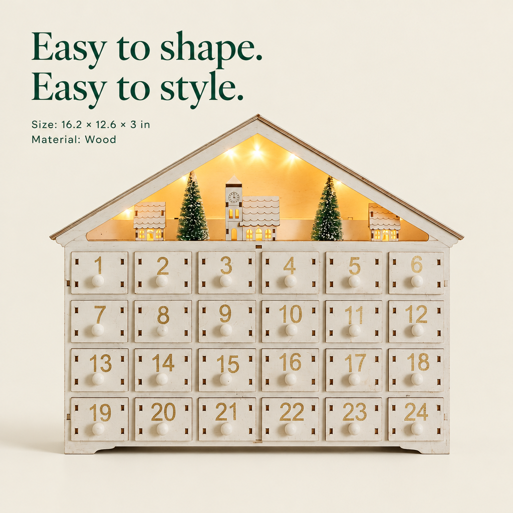 Lighted White Wooden House Advent Calendar – 24 Drawers — details