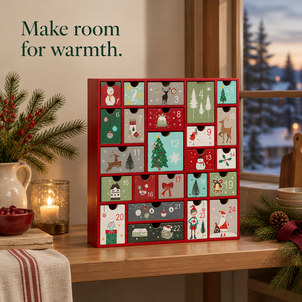 Red Wooden Advent Calendar – 24 Drawers — in use