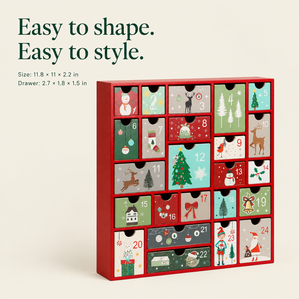 Red Wooden Advent Calendar – 24 Drawers — details